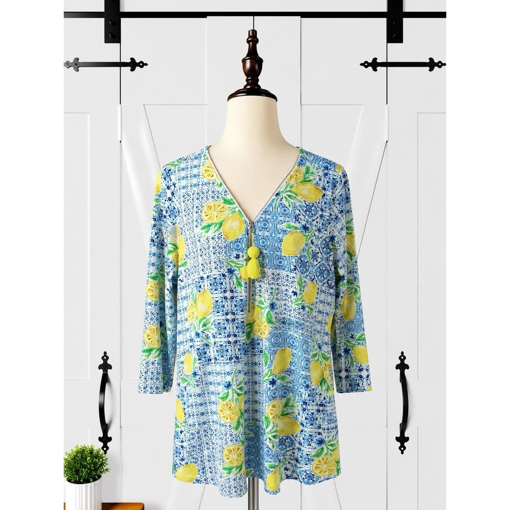 Belle by Kim Gravel Lemon Novelty Top‎ Luxe Knit 1/4 Zip Pullover Tassel Size L